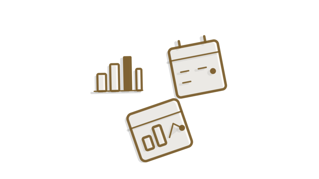 A grid of a bar-chart card, calendar page and dashboard tile, showing recommendations built from data.