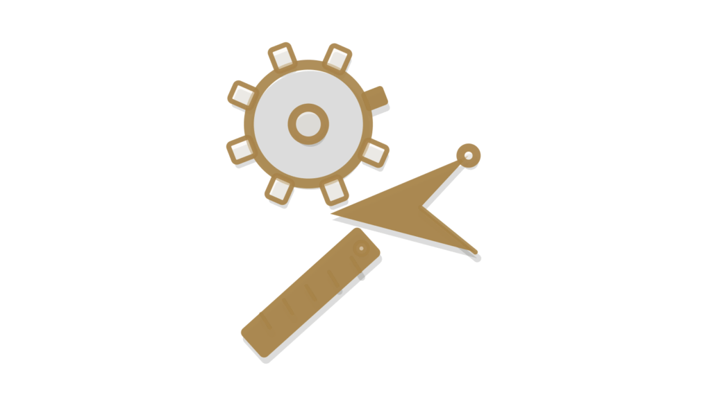 A gear beside a balanced scale and a ruler, showing a referral weighed fairly and tracked to its source.