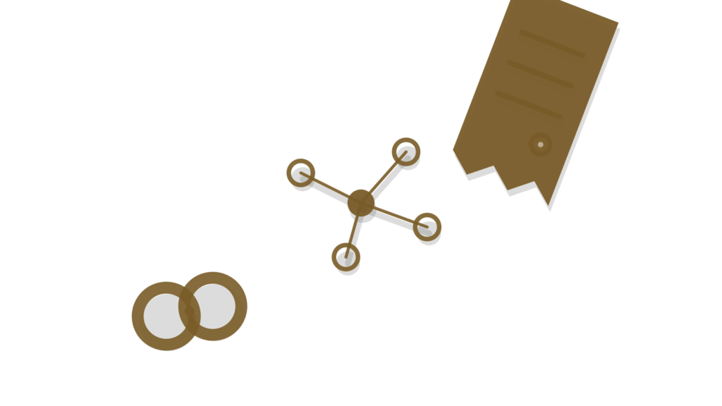 A brass chain link, dot-network shapes and a curled receipt arranged diagonally, showing a refund being processed.