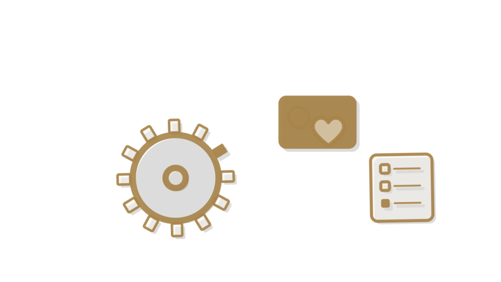 A checklist, a card with an embossed heart and a brass gear, showing supporter figures gathered into one report.