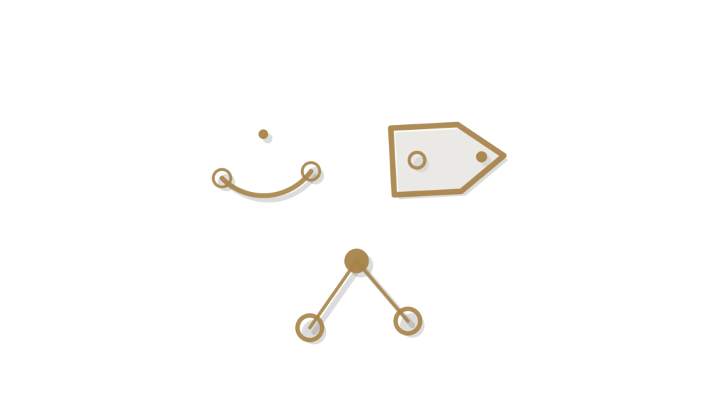 Shopping tags, counter tallies and small bridge arcs in a grid, showing store and online figures brought together.