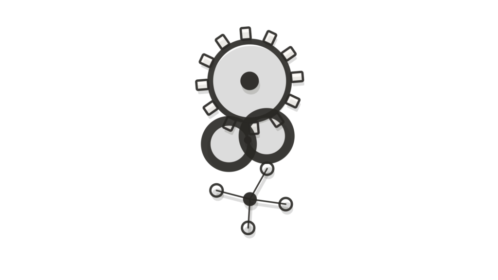 A small gear, an open chain link and a scatter of connected dots, pieces assembling into one report.