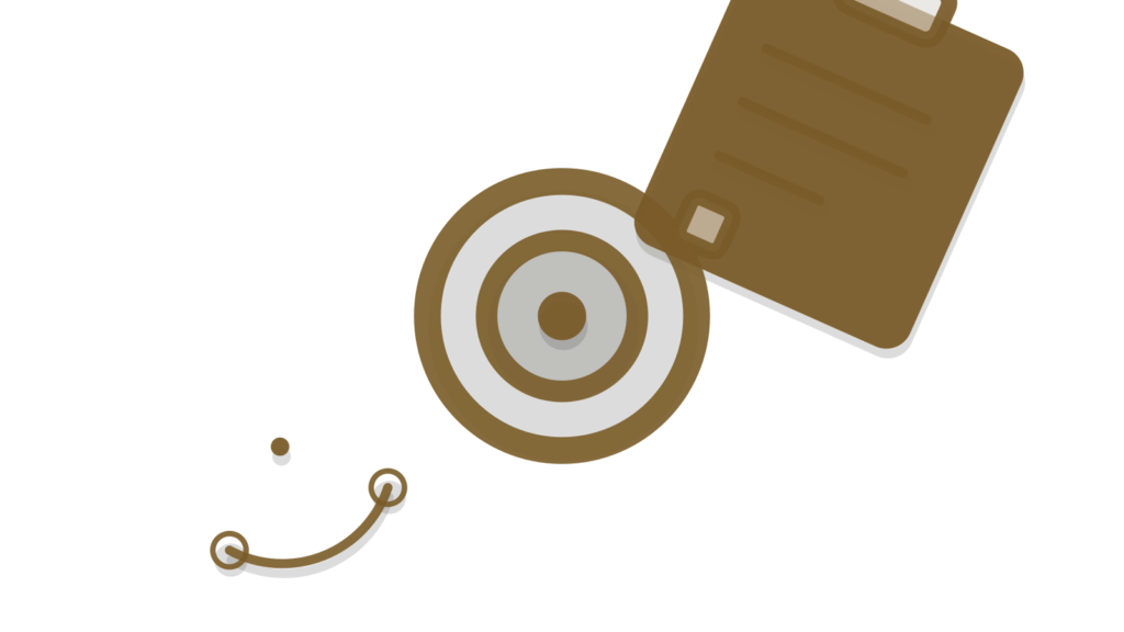 Bridge-arc bookend, target ring disc and clipboard stacked diagonally, showing sources tracked into one brief.