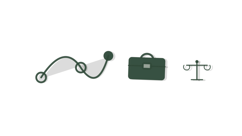 Flowing brass line, briefcase and a level scale-balance, showing staff matched to projects by skill.