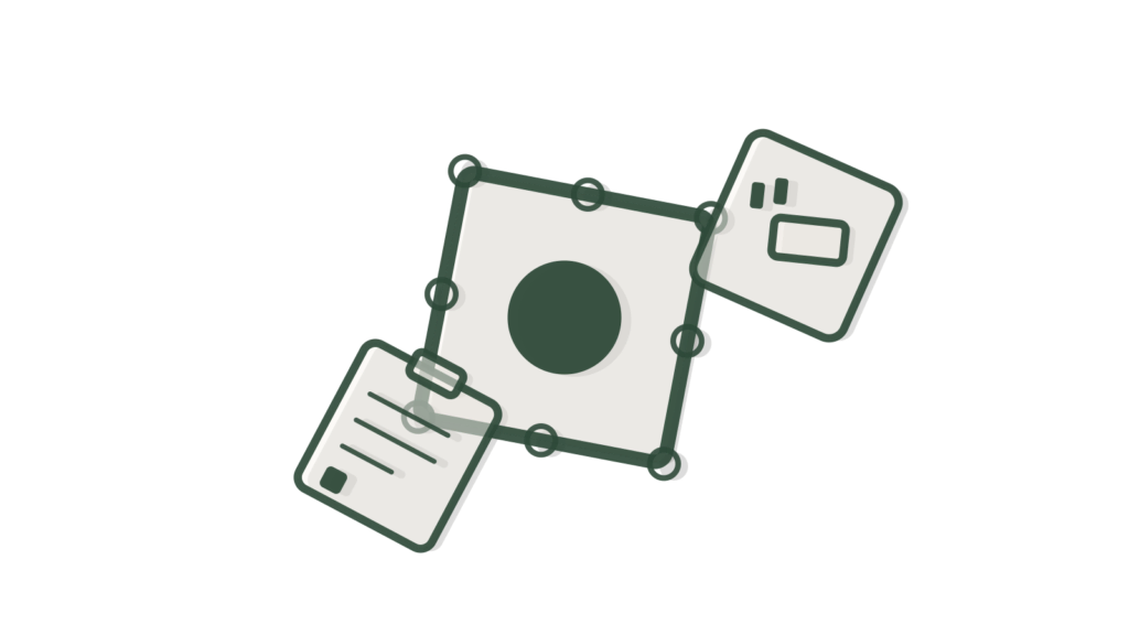 Two joined brass trays holding a resume and a checklist with a chain link between, showing screening linked to HR records.