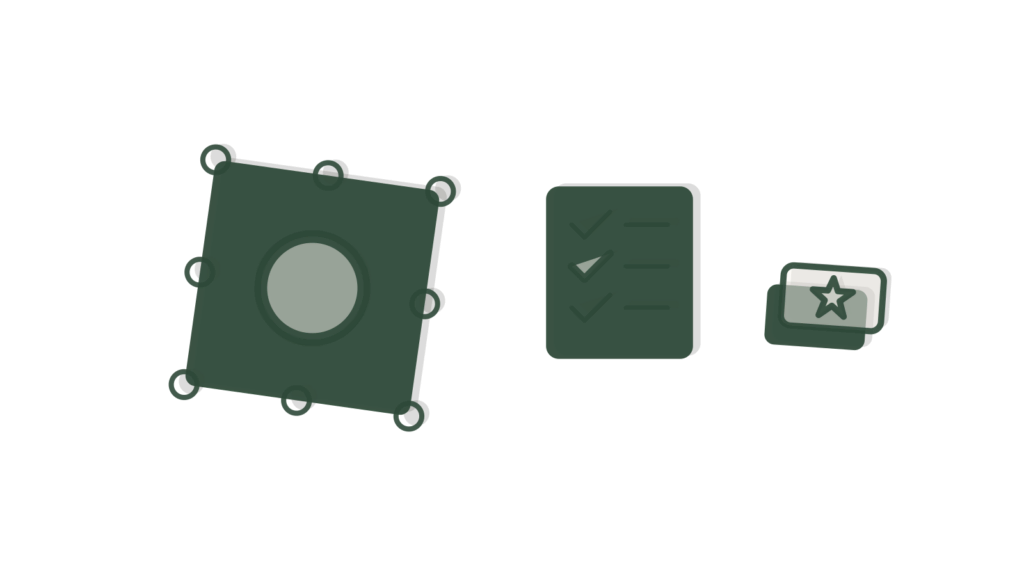 Brass stamp, binder clip and pin arranged over stacked application papers, representing applications sorted and scored.