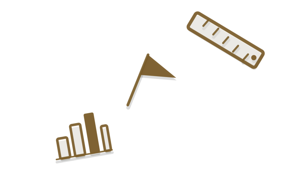 A stepped bar chart with a brass flag at its peak over a ruler, showing revenue tracked to its source.