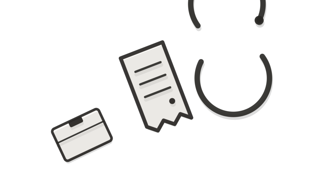 A tipped box, a receipt and looped brass arrows, showing CRM records being straightened and synced.