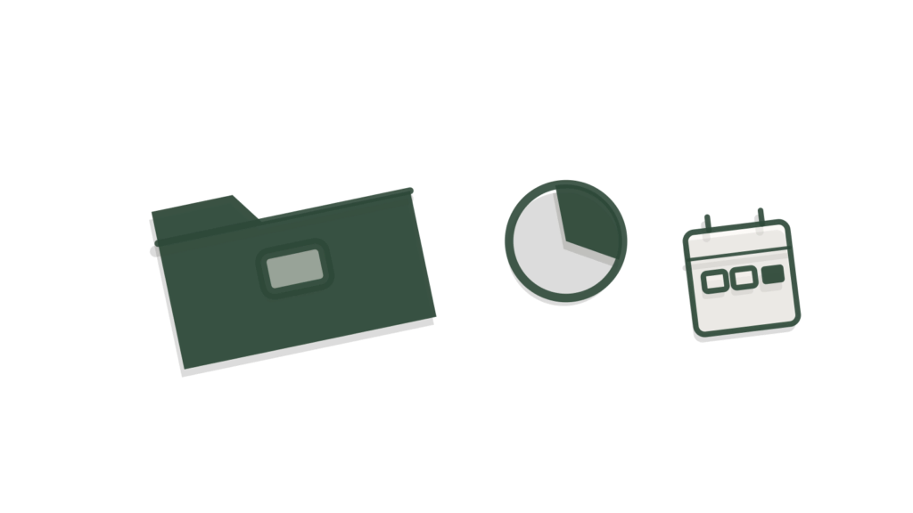 Folder of quote cards beside a clipboard checklist and a brass pie-chart token, showing reviews becoming marketing assets.