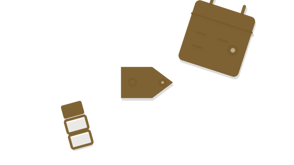 Three paper bags tied by one green thread beside a blank brass tag, showing store and online reviews answered in one voice.