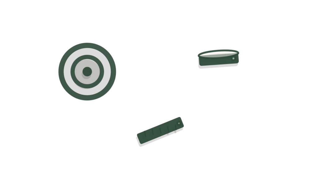 Target-ring disc in a tray beside a ruler and pencil, showing one initiative rated for risk.