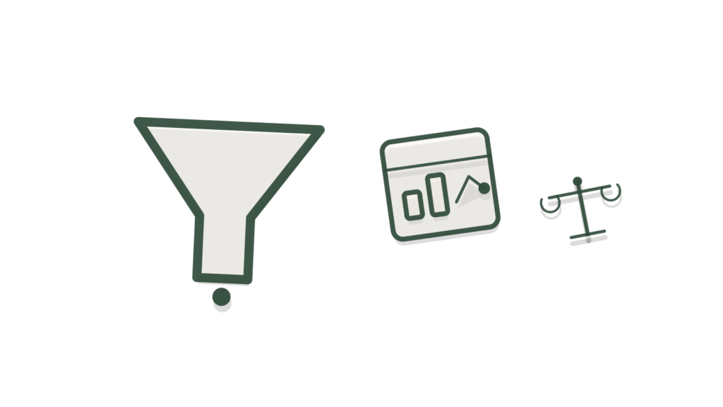 Funnel, dashboard tile and balanced scale arranged in a row, standing in for a roadmap kept current and explained.