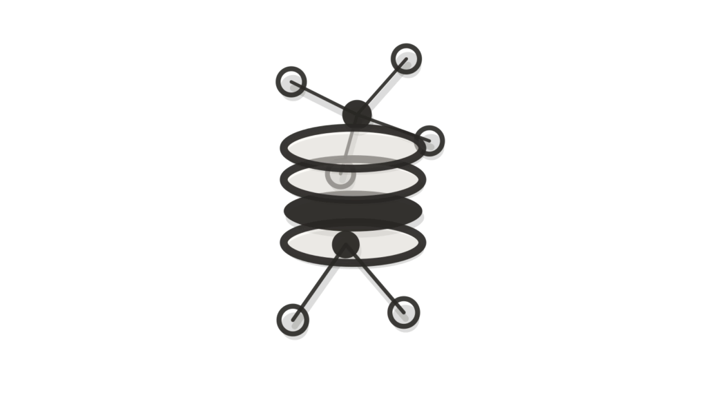 A dot network, coin stack and flow nodes in cross-section, standing for a prospect being screened and routed to an advisor.