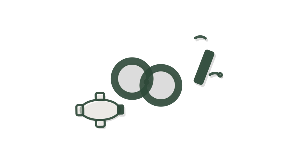 A chain link, wrench and target ring layered together, standing for a spec turning into a routed quote.