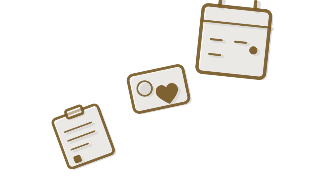 A clipboard, id card and calendar page stacked diagonally, standing for a candidate matched to a screening call.