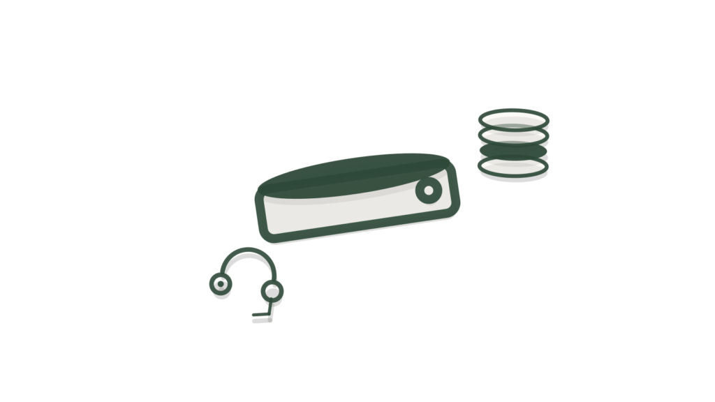 A tray, coin stack and bridge arc arranged diagonally, standing for a trial account converting into paid usage.