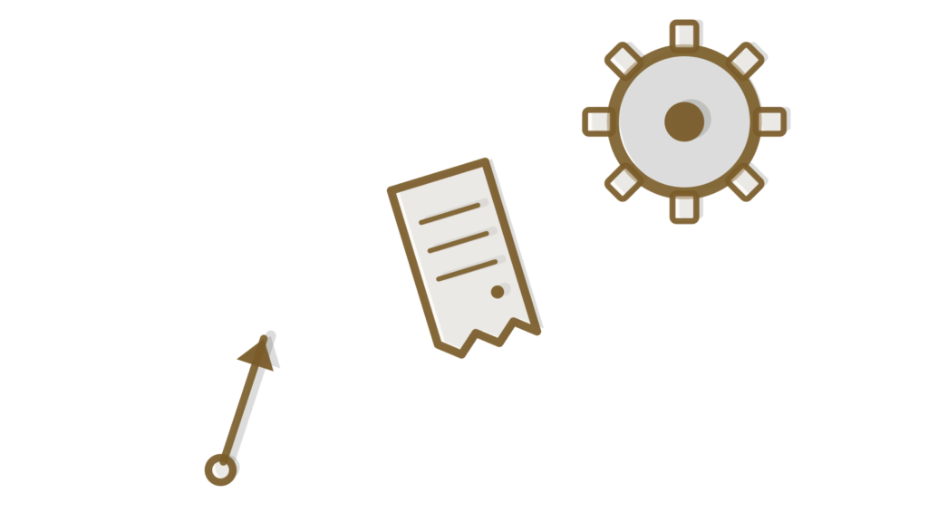 Connected brass nodes, a receipt and a gear stacked diagonally, standing for leads moving to a sales-ready handoff.