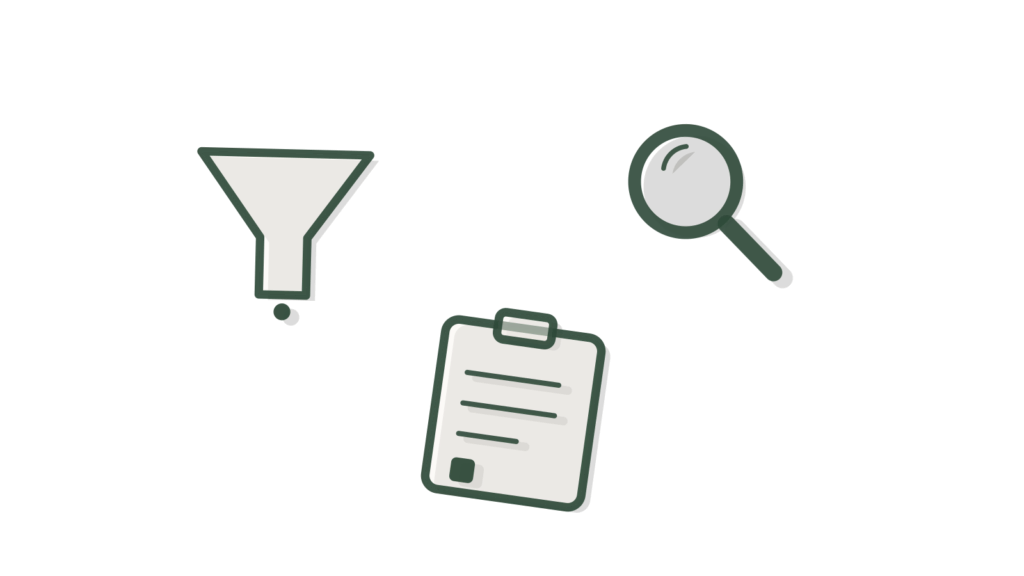 Magnifying glass and funnel shape over a blank clipboard, showing a sales call being reviewed for signals.