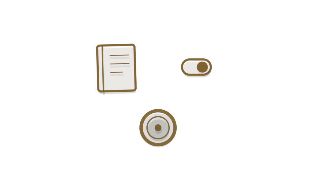 A notebook, toggle switch and standing coin in a row, standing for a forecast number and its driving factors.