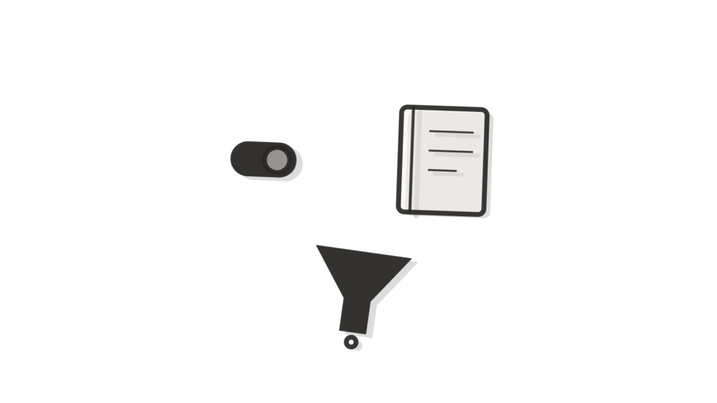 A grid of small toggles, a notebook and a paper funnel, showing pipeline data arranged into one view.