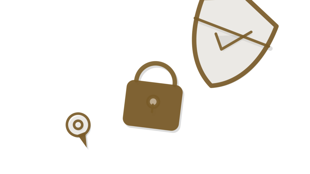 Pushpin, padlock and shield in a diagonal line, showing broad watch kept across systems.