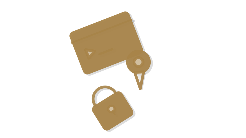Terminal window model, pushpin and padlock arranged isometrically, showing policy tied to real systems.