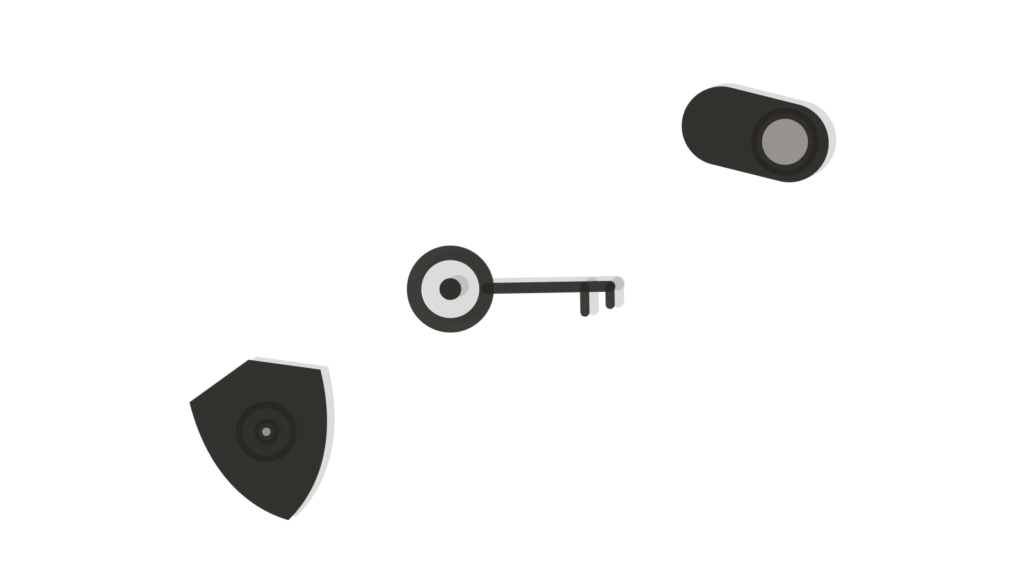 Shield badge, key and toggle switch in a diagonal line, showing a change checked before it merges.