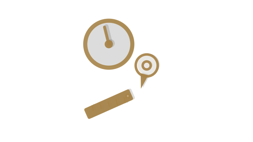 A brass dial and a map pin over a green paper ruler, showing pages measured and marked for fixes.