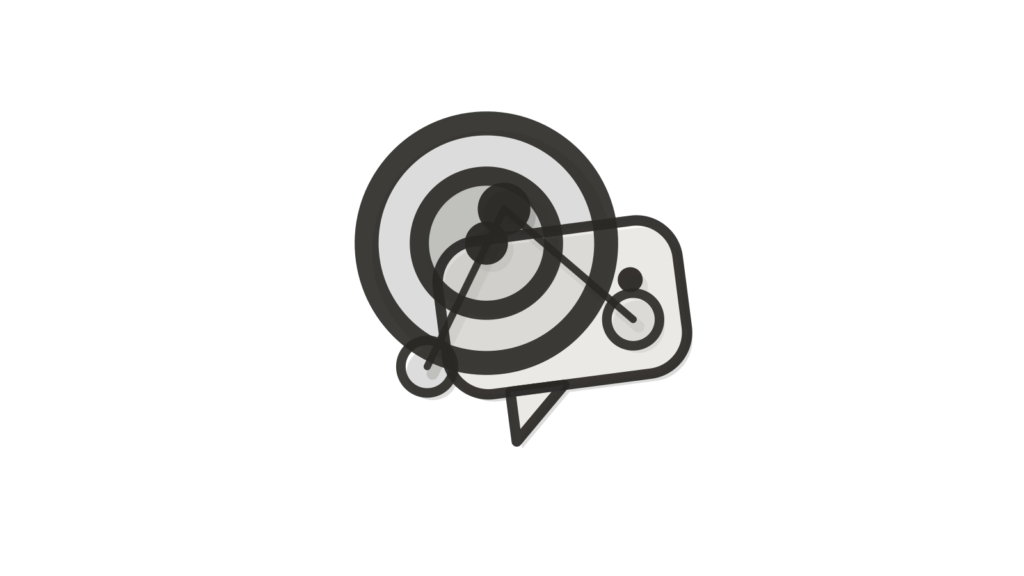 A stacked speech bubble, flow nodes and a brass target ring, showing questions landing on target.