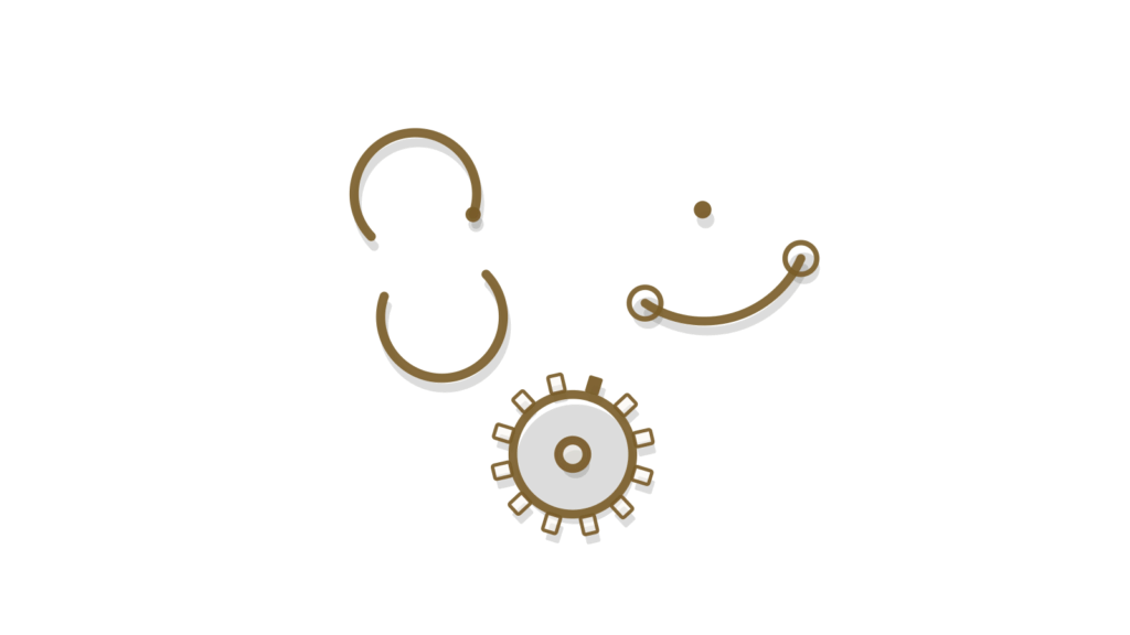 Grid of brass sync arrows, a bridge connector and a small gear, showing systems staying in sync.