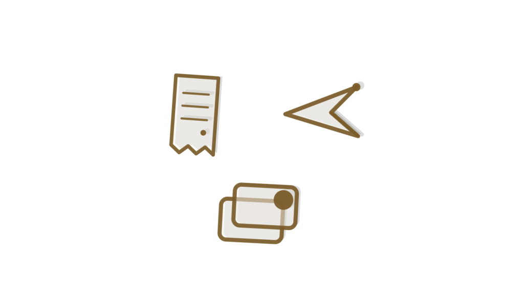 A curled receipt, dot-network nodes and a flow-node shape in a row, showing agents kept under watch.