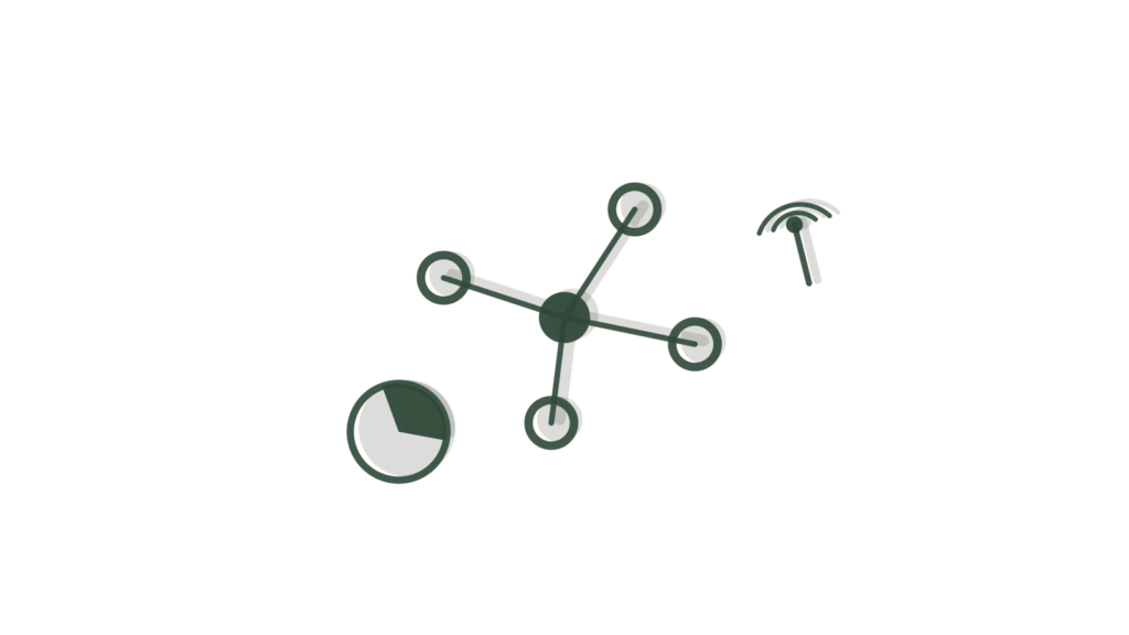 A paper dot network, signal tower cutout and pie chart, showing suppliers researched and compared.