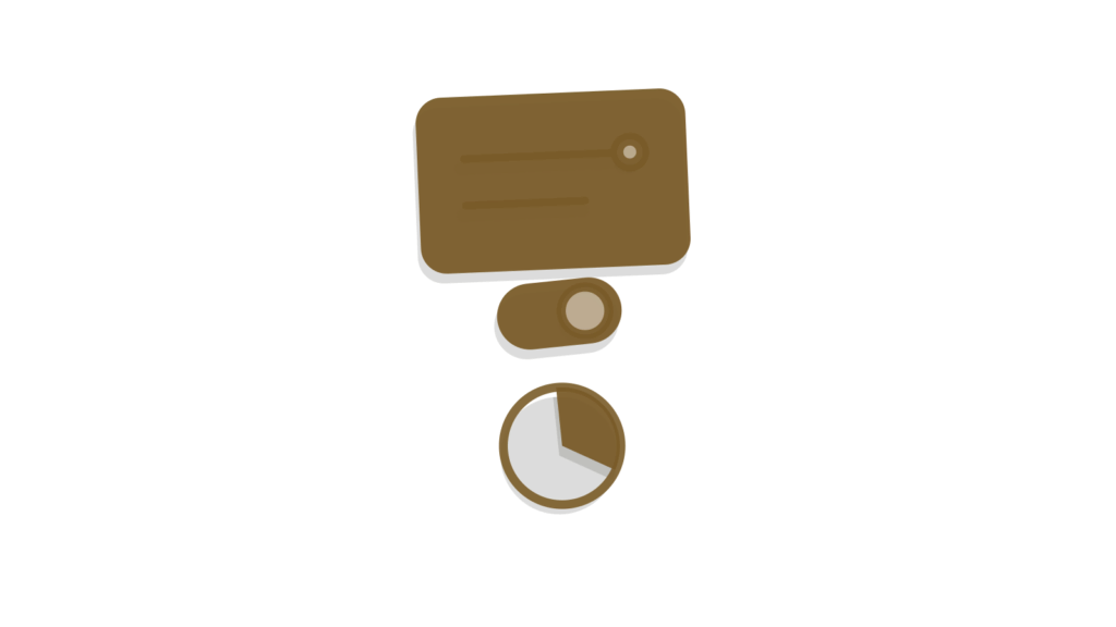 Cross-section of report cards, a brass toggle and a paper pie chart, for support metrics distilled into one view.