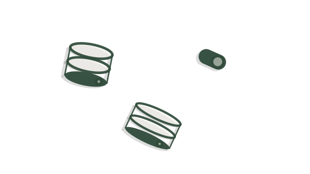 Two brass gauge cylinders and a charcoal toggle on a scattered desk, standing in for AI and human queues watched together.