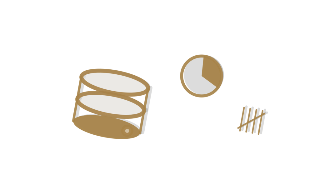 Database cylinder, pie-chart disc and tally card, showing survey answers grouped into counted themes.