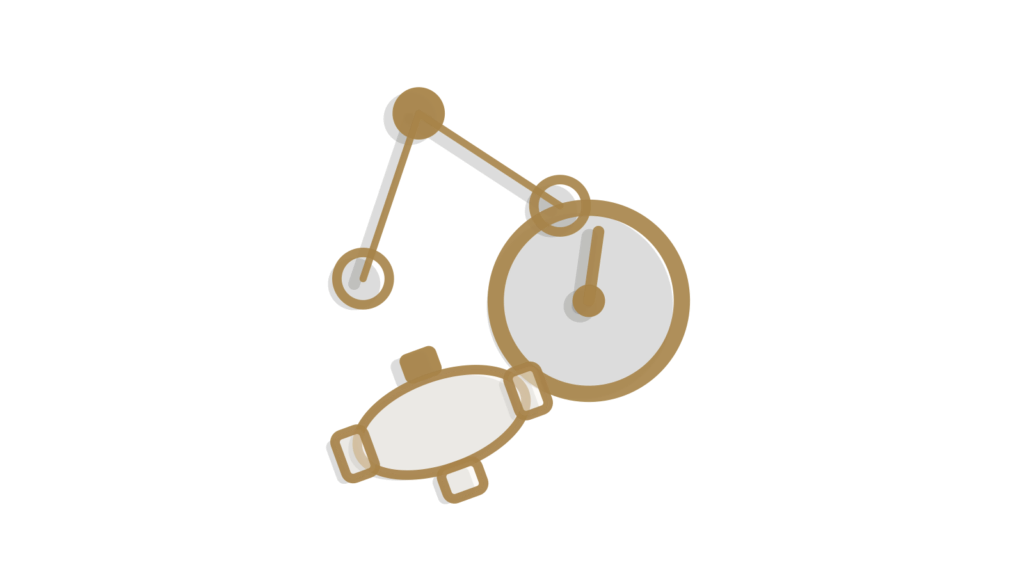 A linked flow-node sculpture beside a dial gauge and a checklist with one line ticked, showing a fault traced step by step.