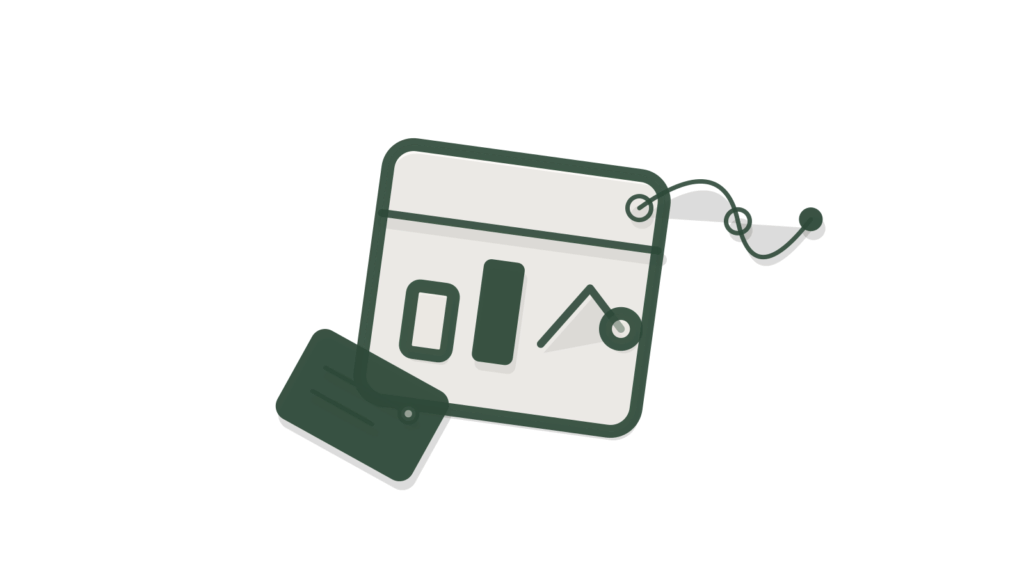 Paper dashboard tile linked by a brass line to a blank card, showing accounts mapped to territory.