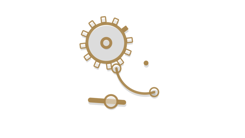 A small brass gear, a bridge-arc shape and a slider control arranged isometrically, showing a ticket being routed.