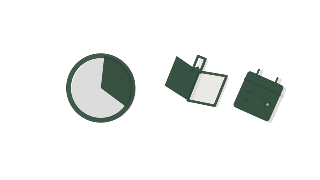 A pie-chart disc, book tab and calendar page arranged overhead, showing training progress reported.