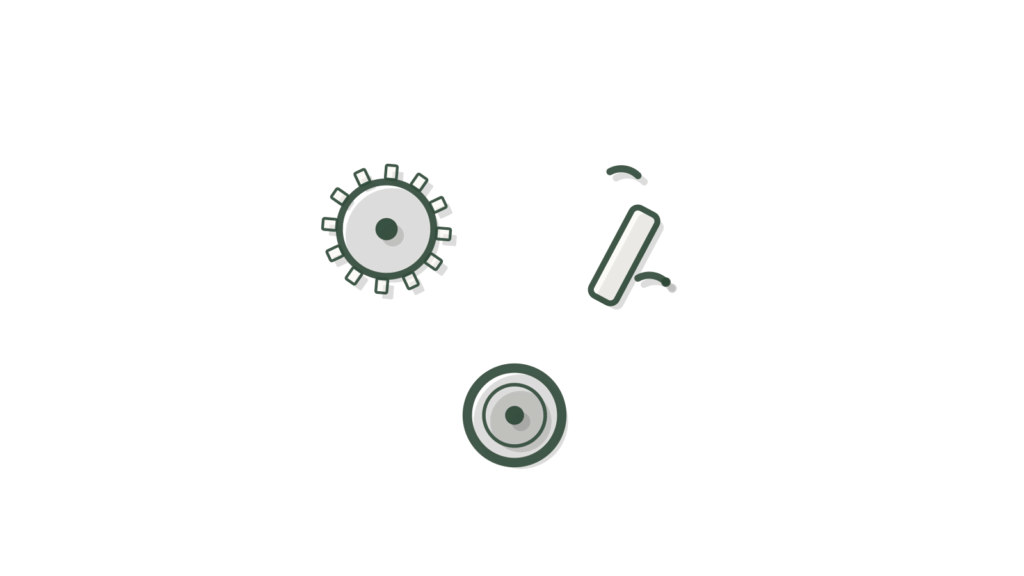 An open binder with a brass gear and three tied cards, showing plant procedures turned into separate lessons.