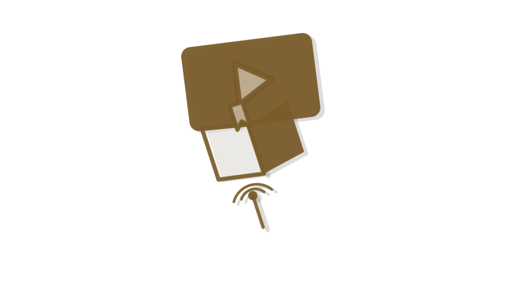 A video-frame card cut open around a small book tab and brass tower, showing content built from source material.