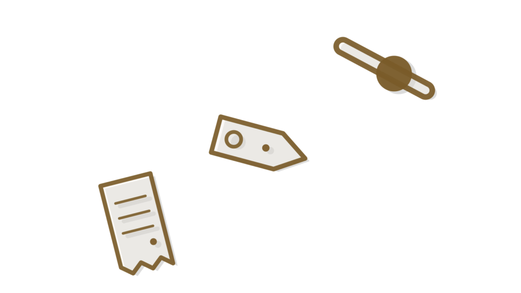 Diagonal stack of a receipt, luggage tag and slider control representing a full-journey travel concierge.