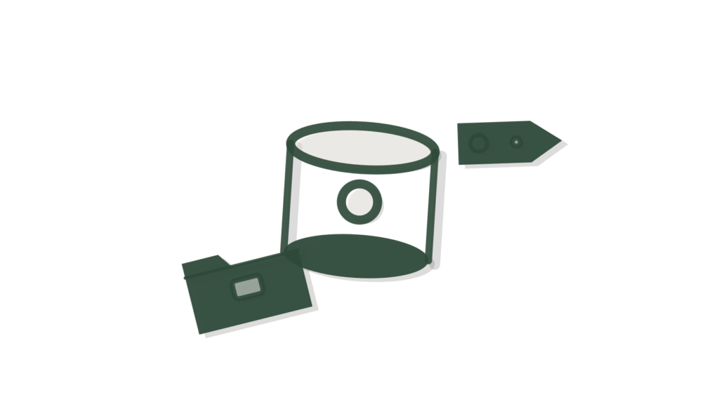 Thread spool, luggage tag and paper folder as flat cut shapes, standing in for a destination content library.