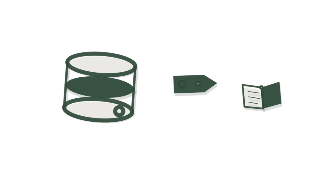 Database token, luggage tag and open booklet representing quick FAQ answers for travel website visitors.