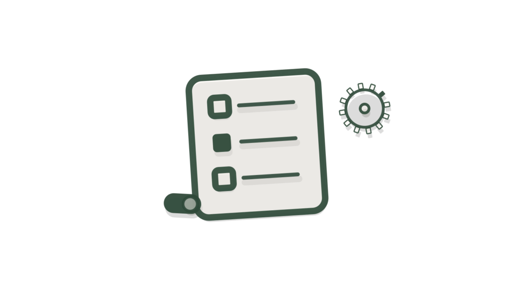 Paper-cut checklist, gear and toggle switch, showing a policy turned into a set threshold.