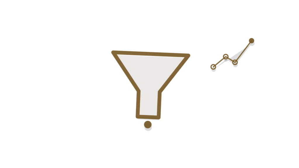Brass funnel beside a trending line-chart card, standing in for research sessions distilled into a clear opportunity.