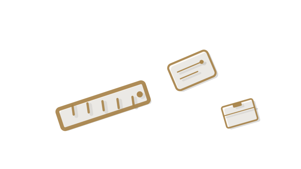 A brass ruler laid across an index card beside a small open box, suggesting an invoice checked against its record.