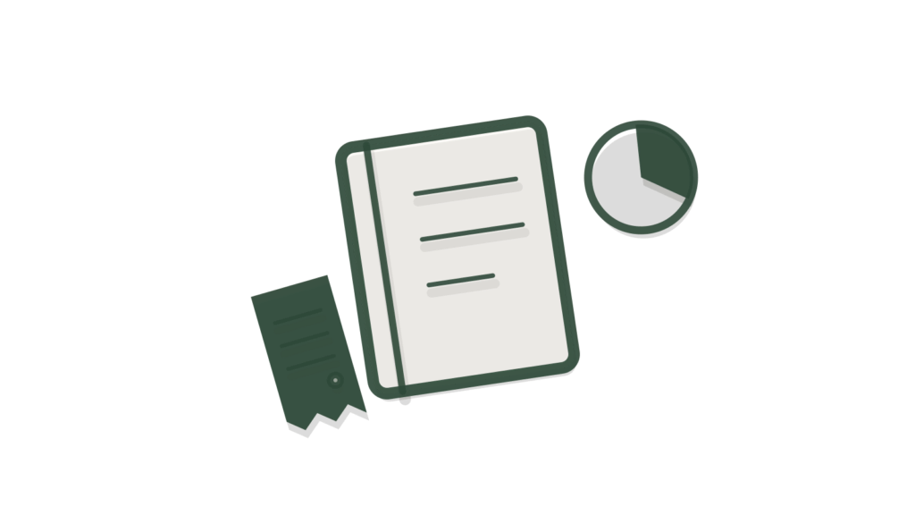 Paper-cut notebook and pie chart beside a small receipt, showing an ad cut ready to run.