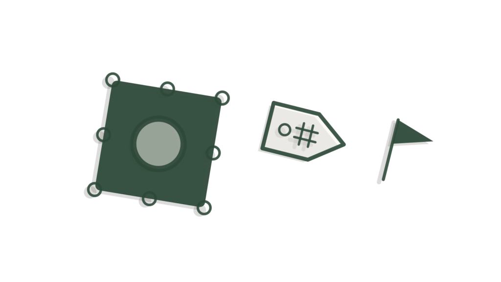 Overhead view of a stamp, a cursor mark and a flag, showing a video adapted for a new market.