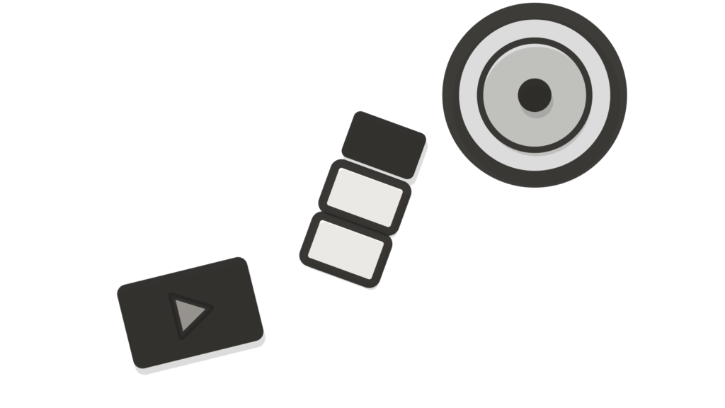 A video-frame cutout, a paint dab and a coin stacked together, standing for a pass or fail check.